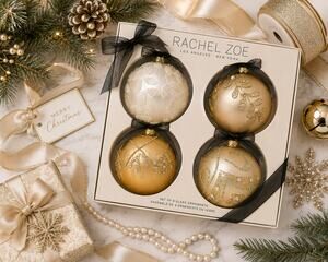 Rachel Zoe Set of 4 Luxury Glass Christmas Ornaments NIB